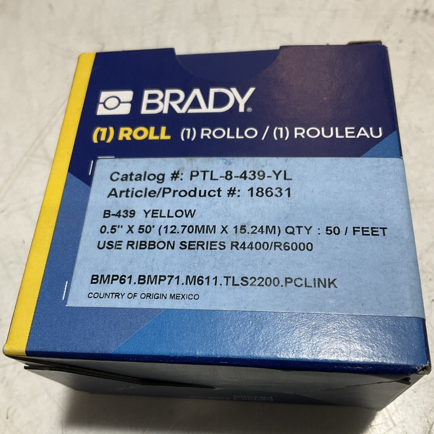 BRADY B-439 PLT-8-439-YL 18631 YELLOW VINYL LABEL TAPE FOR 0.5X50' 50FEET Z2M