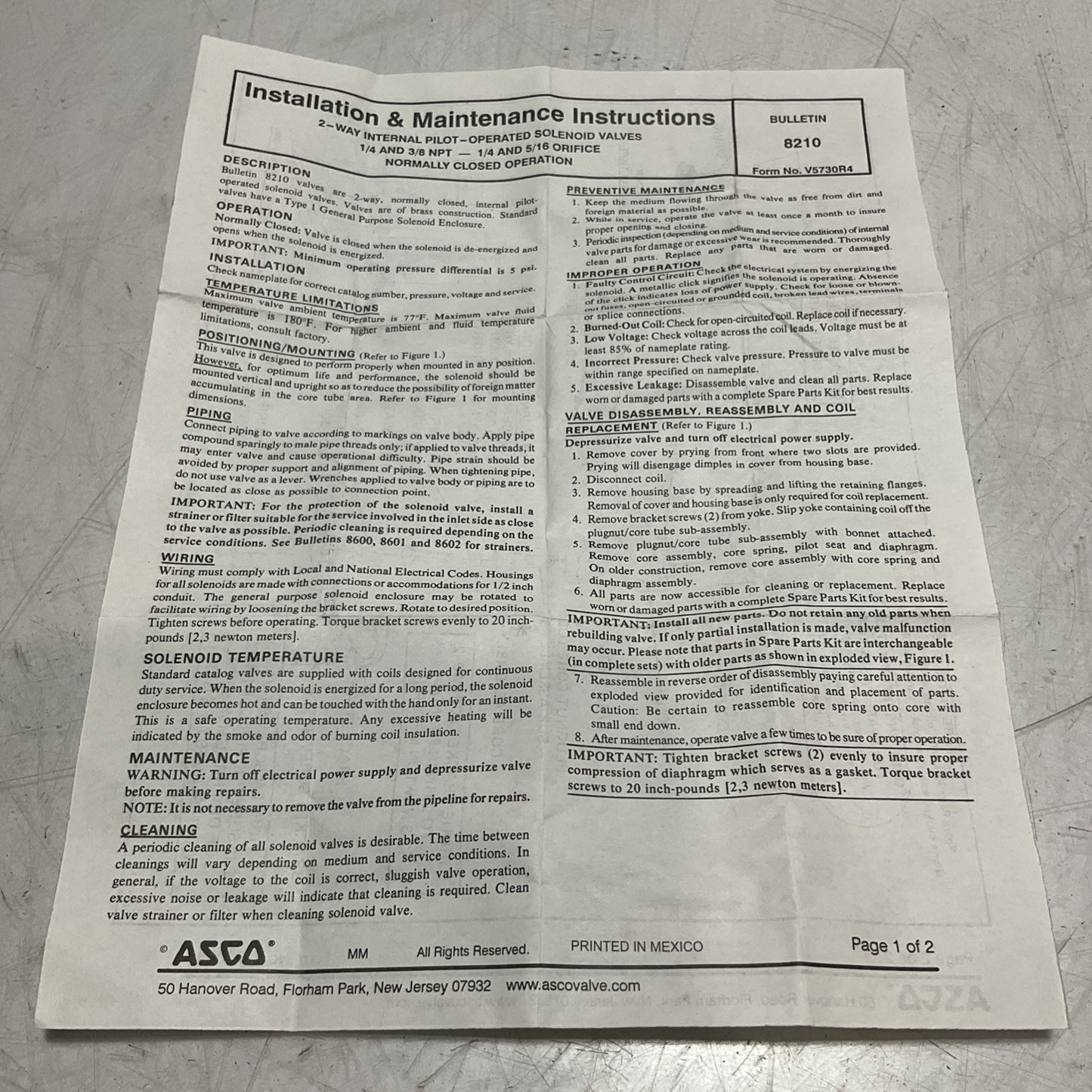 ASCO RED HAT 8210B020 SOLENOID VALVE 120/60;110/50 VOLTS Z2M
