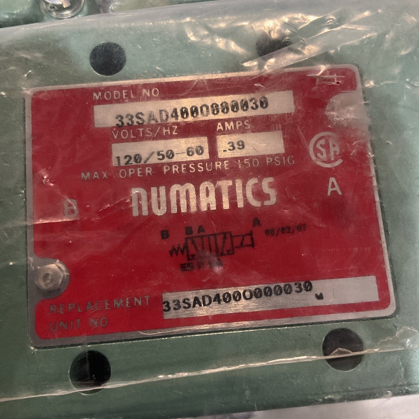 NUMATICS 33SAD400O000030 120/50-60VOLTS 39AMPS SOLENOID VALVE LOT OF 2 U3S
