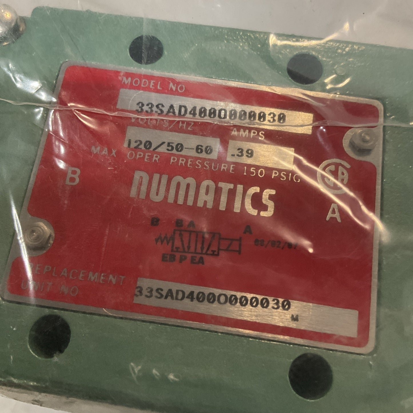 NUMATICS 33SAD400O000030 120/50-60VOLTS 39AMPS SOLENOID VALVE LOT OF 2 U3S