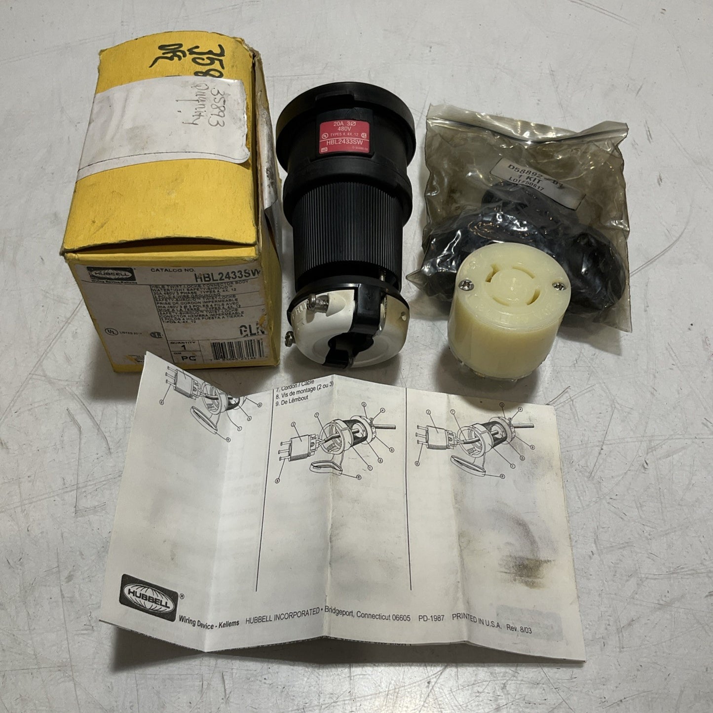 HUBBELL HBL2433SW AC CONNECTOR BODY 20A 480V FEMALE BLACK WATERTIGHT U3S