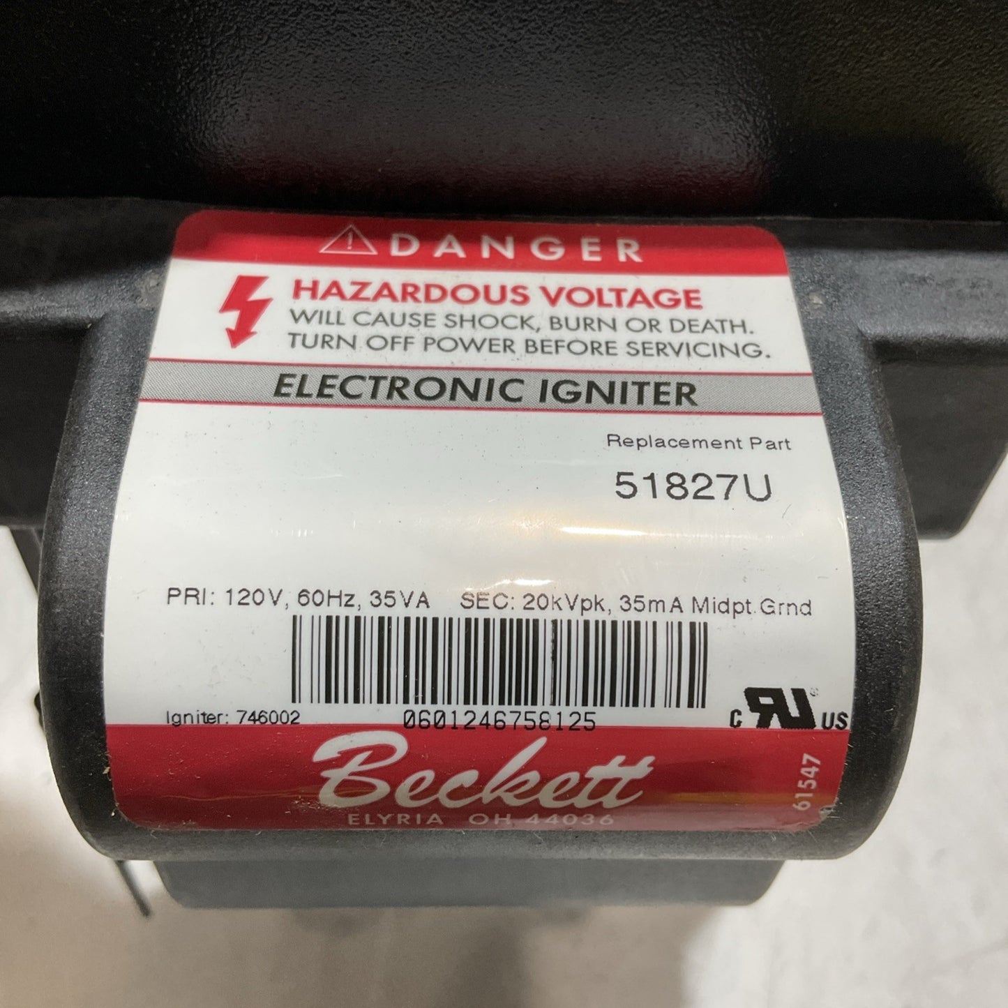 BECKETT 51827U OIL BURNER IGNITION TRANSFORMER Y2M