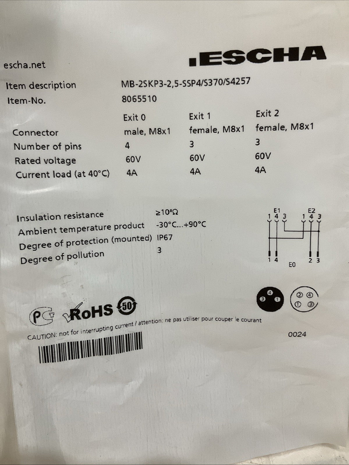ESCHA 8065510 WIRE CABLE CONNECTOR 4X0.3MM PC 60V LOT OF 2 Z2M
