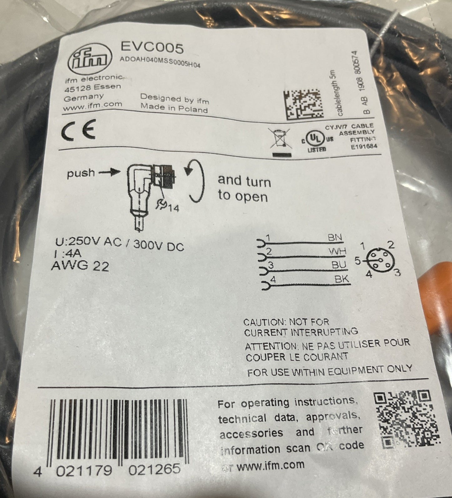 IFM ELECTRONIC EVCOO5 FEMALE CORDSET CONNECTOR WIRE Z2M