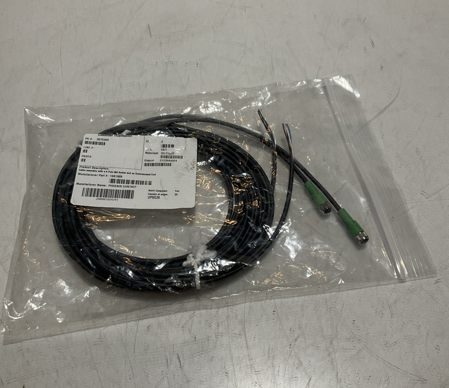 PHOENIX CONTACT 1681868 CABLE ASSEMBLY WITH 4 POLE M8 SOCKET Z2M