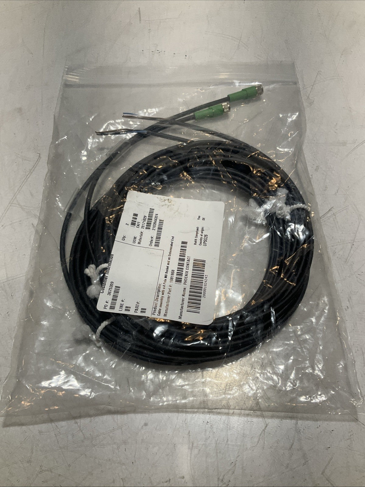 PHOENIX CONTACT 1681868 CABLE ASSEMBLY WITH 4 POLE M8 SOCKET Z2M