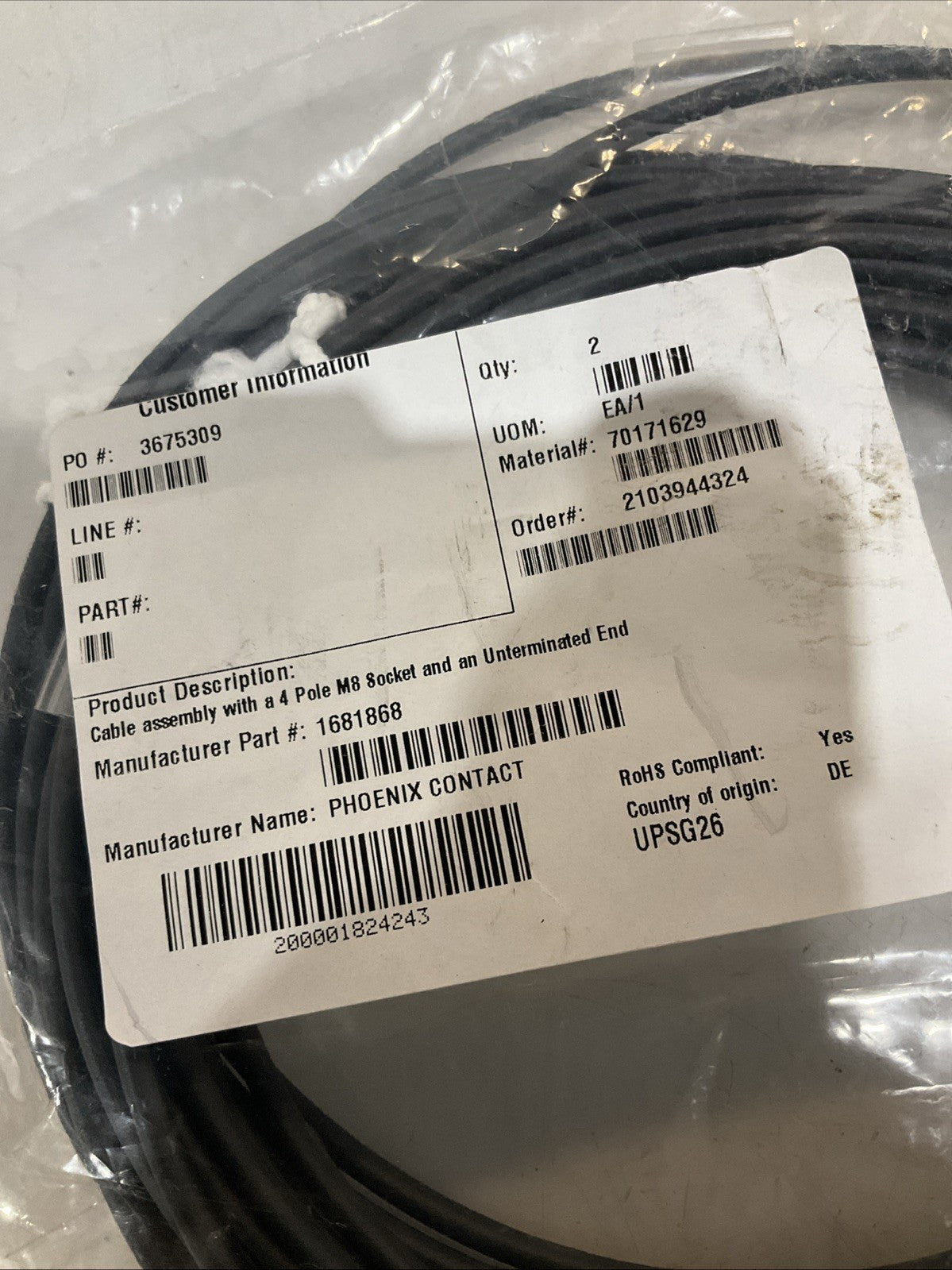 PHOENIX CONTACT 1681868 CABLE ASSEMBLY WITH 4 POLE M8 SOCKET Z2M