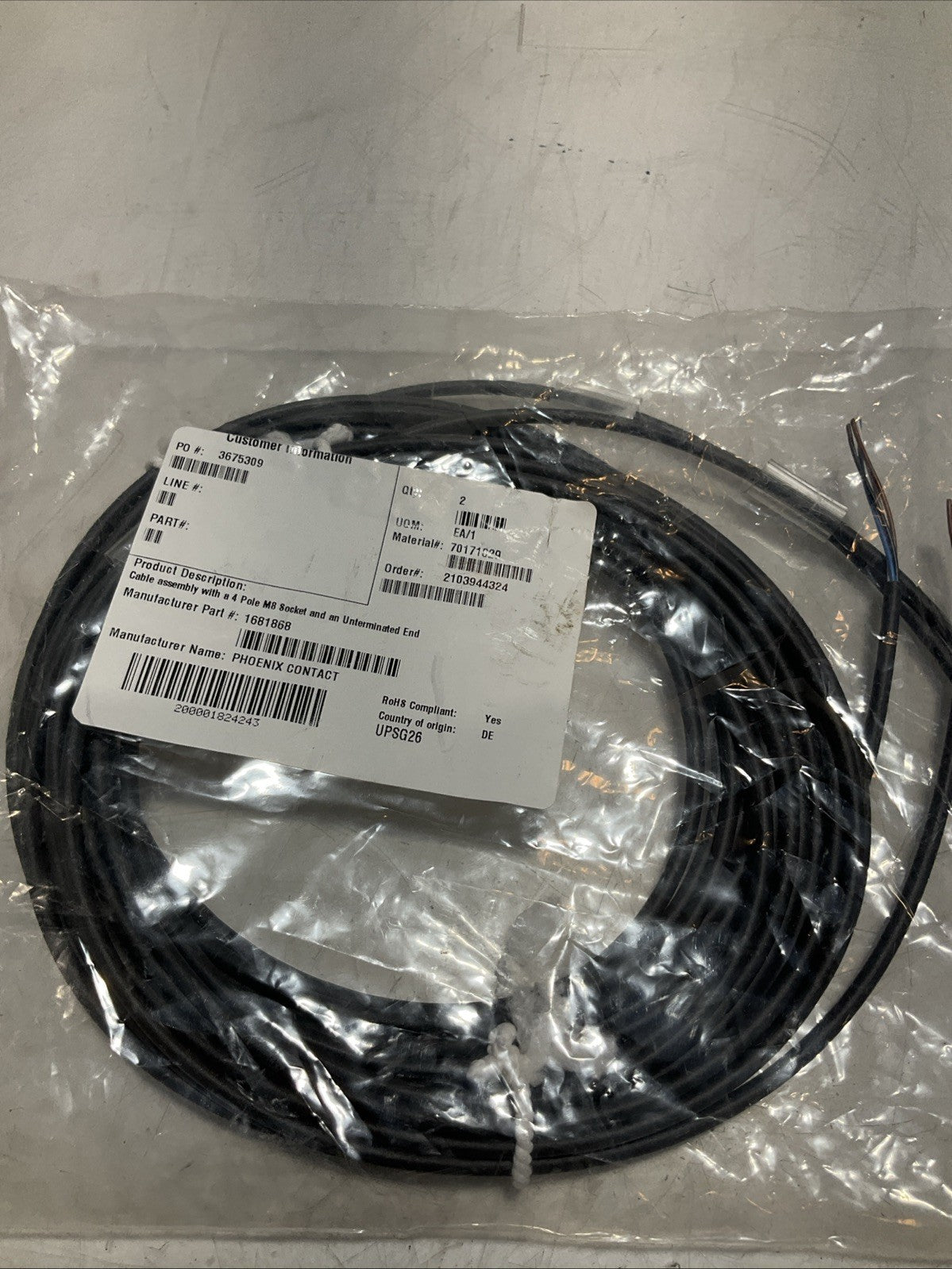 PHOENIX CONTACT 1681868 CABLE ASSEMBLY WITH 4 POLE M8 SOCKET Z2M
