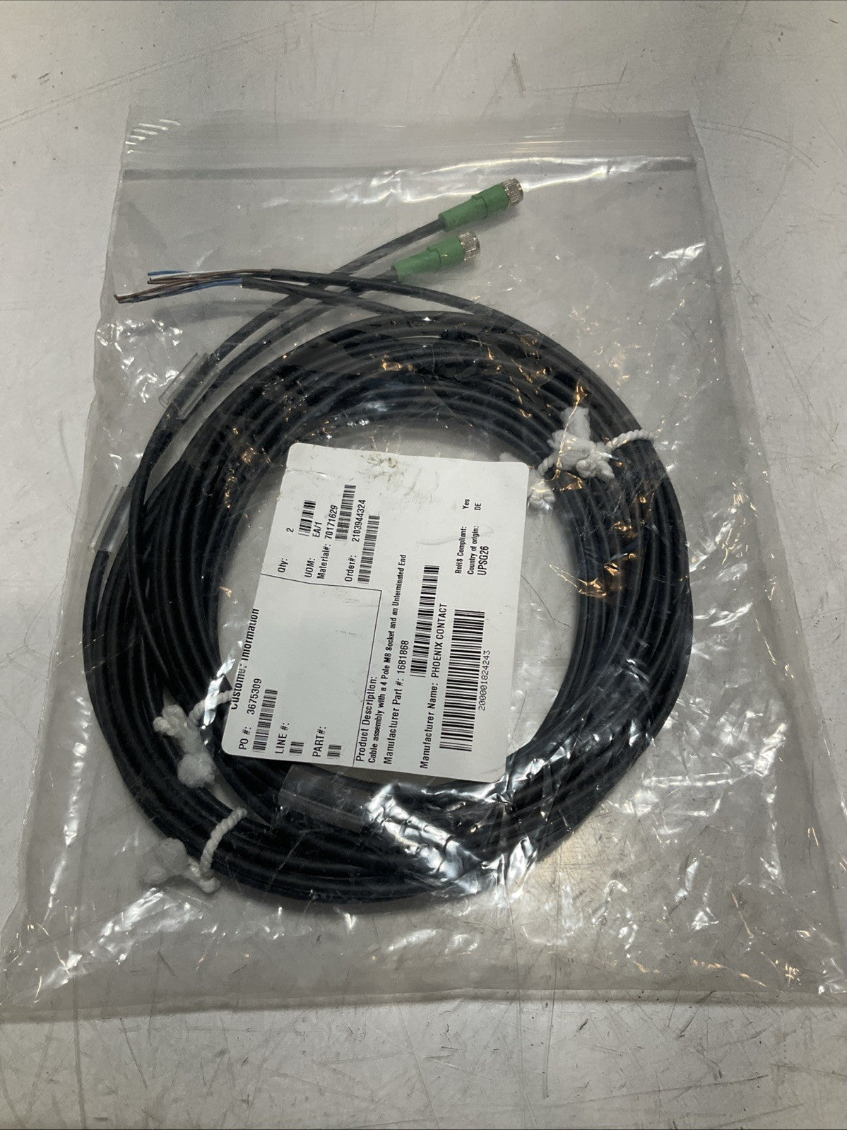 PHOENIX CONTACT 1681868 CABLE ASSEMBLY WITH 4 POLE M8 SOCKET Z2M