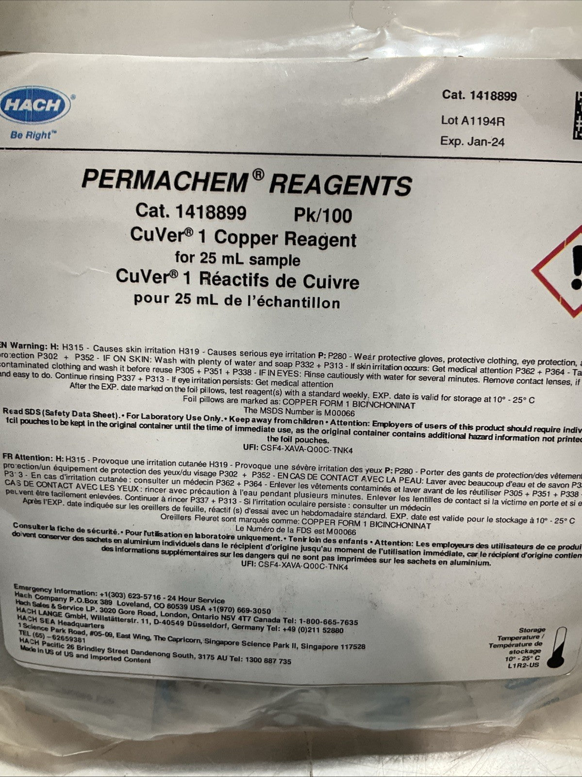 HACH 1418899 DEHA PERMACHEM FERROUS IRON REAGENTS Y2M