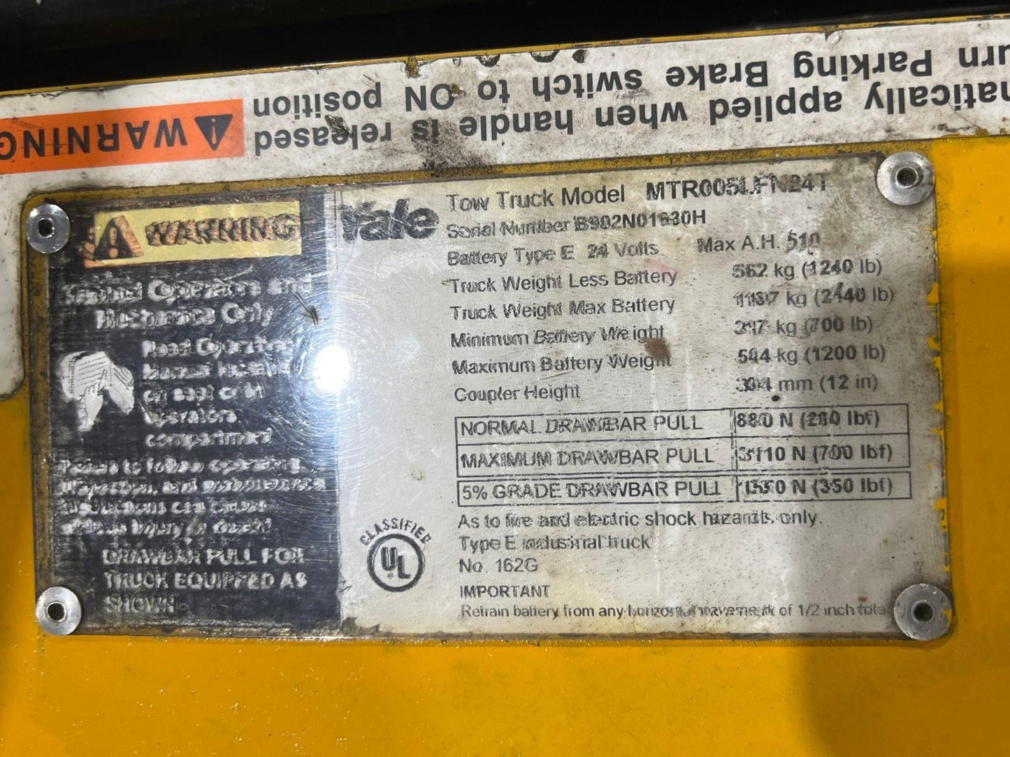 YALE TOW TUGGER MODEL MTR005LFN24T, ELECTRIC, 24V, APPROX MAX DRAWBAR PULL 700LB
