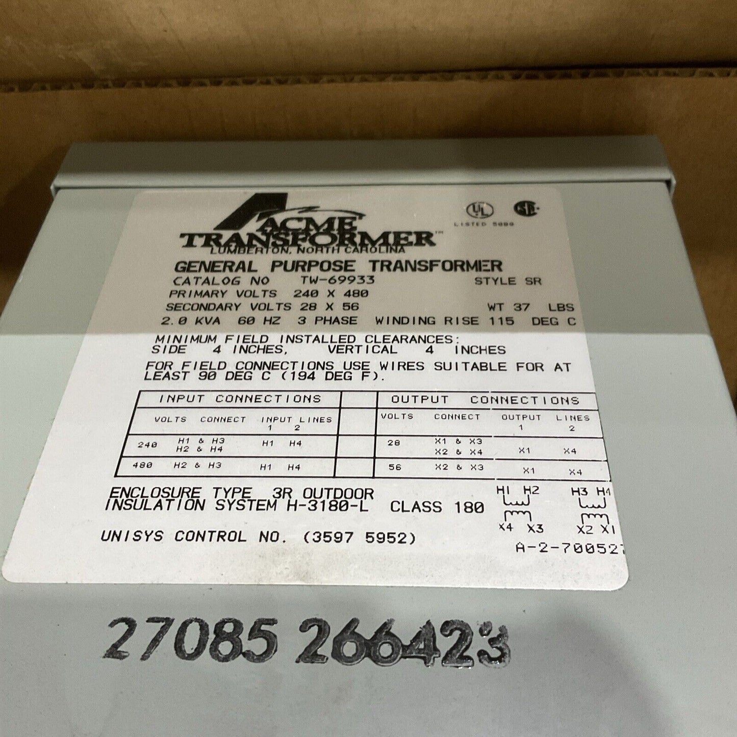 ACME TRANSFORMER TW-69933 GENERAL PURPOSE TRANSFORMER 60HZ 3 PH U3S