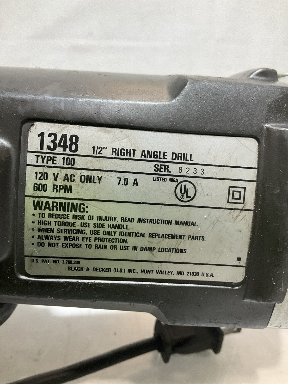 BLACK+DECKER 1348 RIGHT ANGEL DRILL TYPE100 120VAC 600RPM Z2M