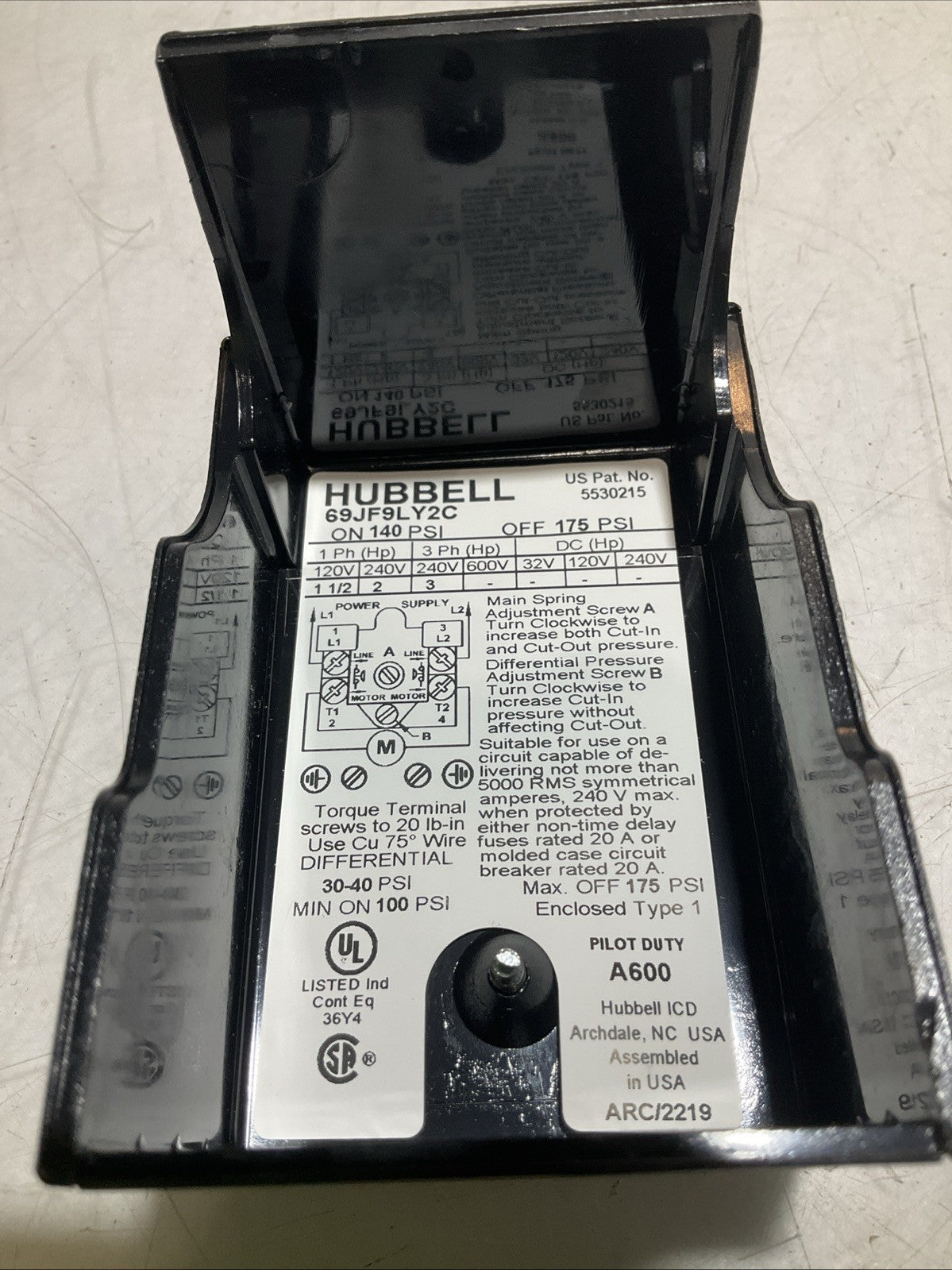 HUBBELL 69JF9LY2C FURNAS AIR COMPRESSOR PRESSURE CONTROL VALVE 140-175P Z2M