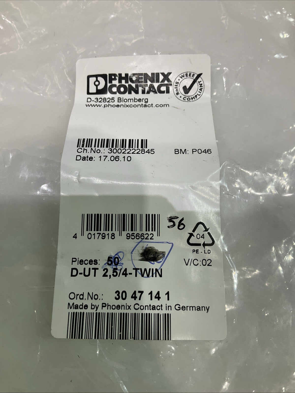 PHOENIX CONTACT D-UT 2.5/4 TWIN 3047141 END COVER TERMINAL BLOCK LOT OF 56 Y2M