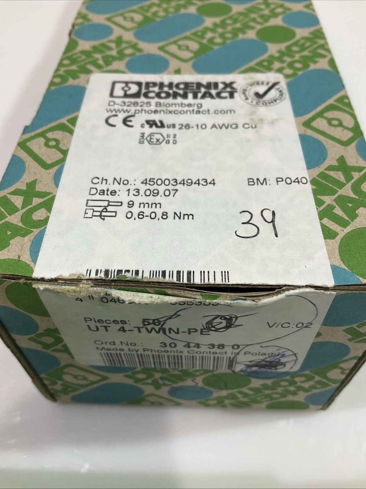 PHOENIX CONTACT UT4-TWIN-PE 3044380 DIN RAIL TERMINAL BLOCK LOT OF 39 Y2M