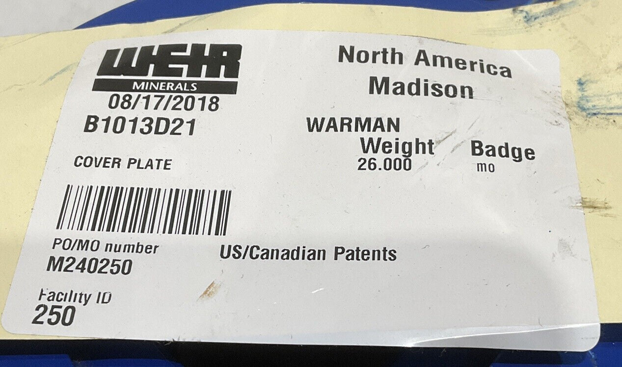 WEIR B1013D21 COVER PLATE SLURRY PUMP 373