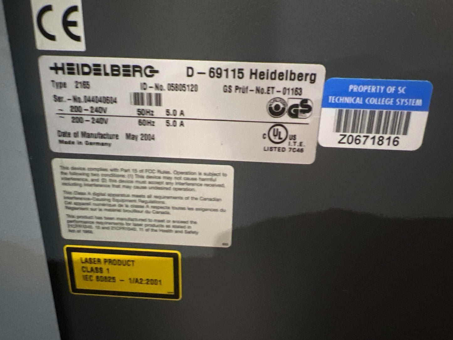 2004 HEIDELBERG PROSETTER MODEL D-69115 TYPE 2165; APPROXIMATELY 200-240V; 50/60