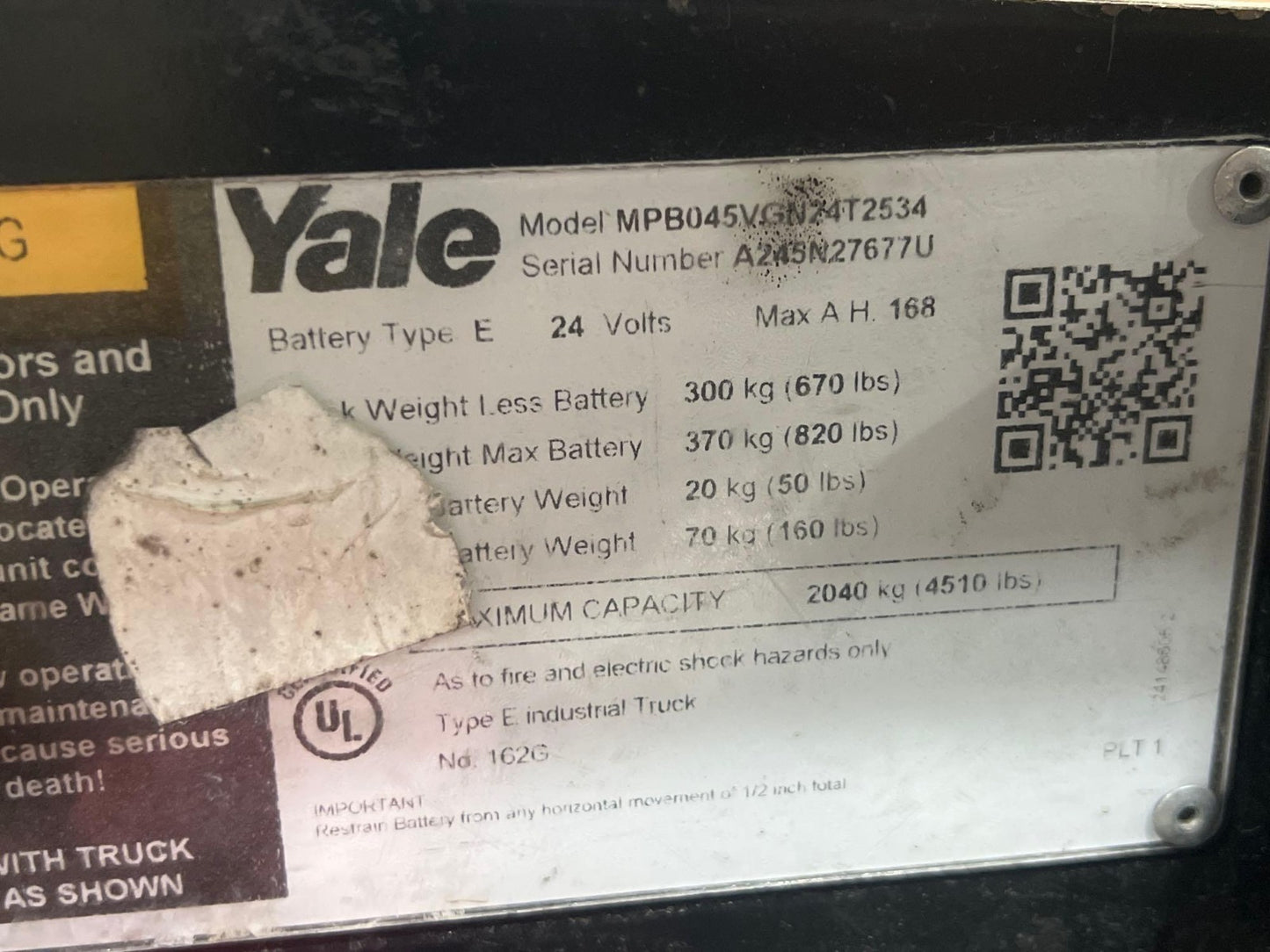2020 YALE PALLET JACK MODEL MPB045VGN24T2534,ELECTRIC, 24V
