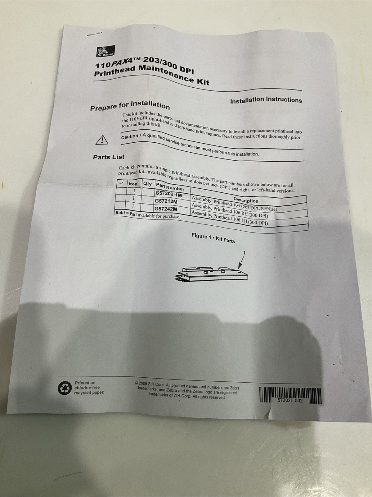 ZEBRA G57202-1M 110PAX4 PRINTHEAD KIT 203 DPI RH AND LH 110PAX4 Y2M