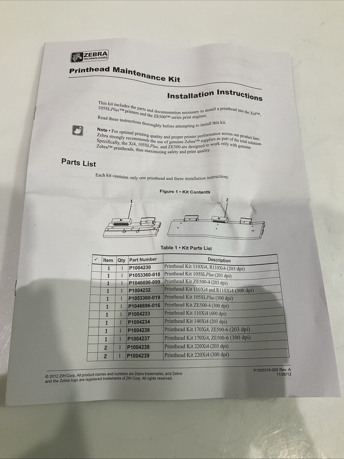 ZEBRA P1046696-99 XI4-105SLP PRINTHEAD KIT 203 DPI ZE500-4 RH&LH Y2M