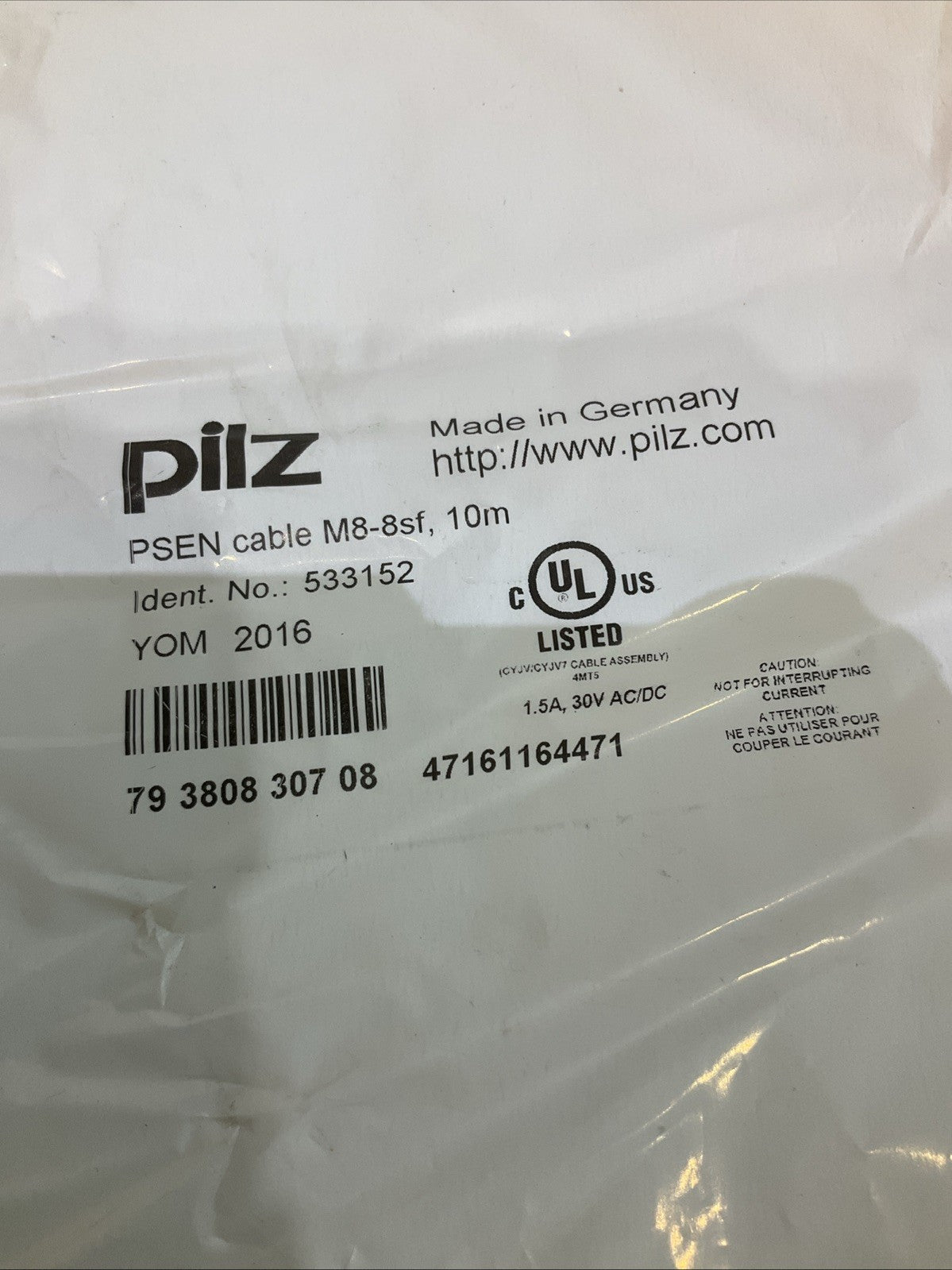 PILZ PSEN M8-8SF CONNECTION CABLE 10M 533152 1.5A 30VDC/AC RM6