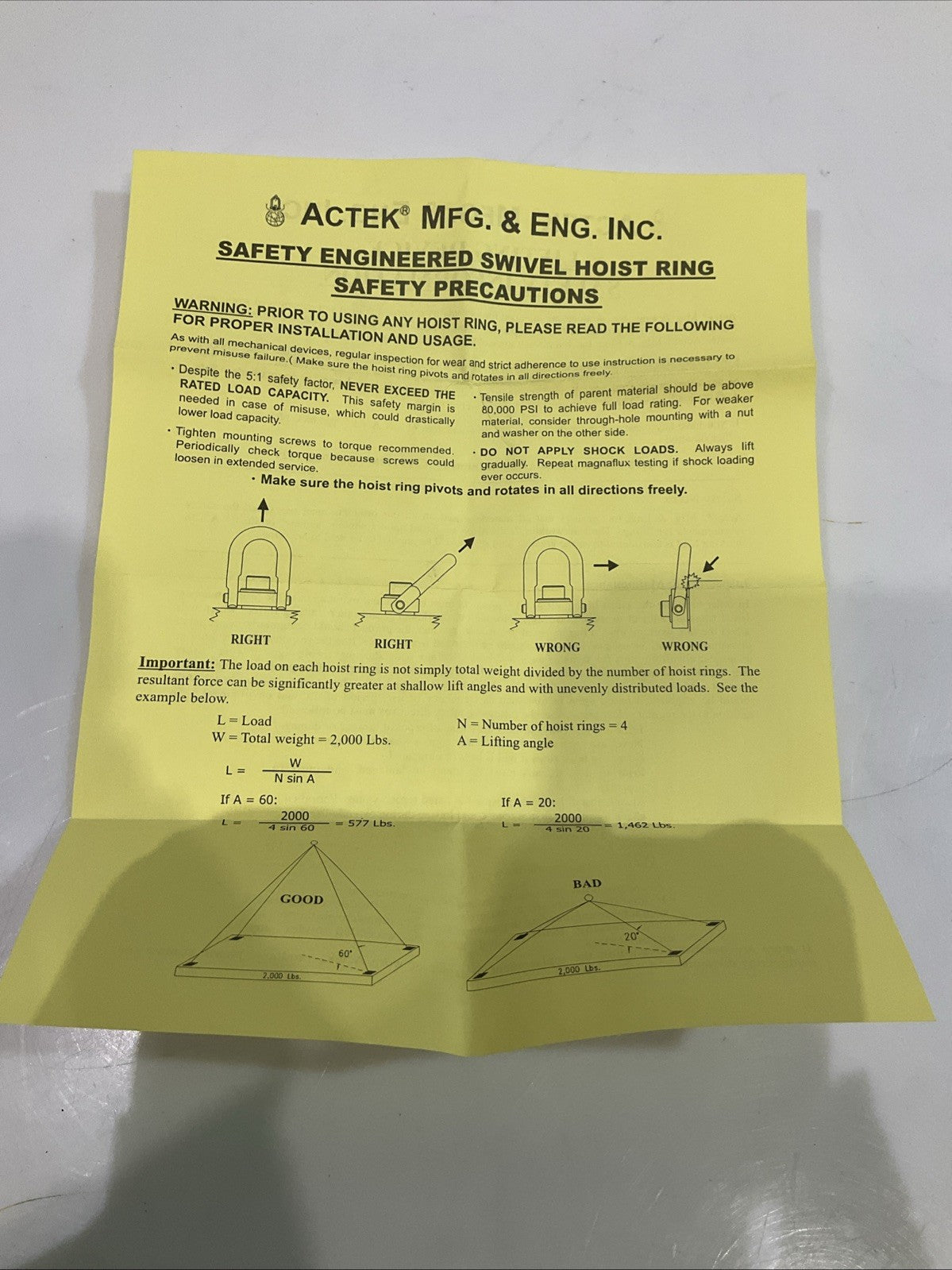 ACTEK AK46210 1-8 SAFETY LIFTING ENGINEERED SWIVEL HOIST RING 10000LBS Y2M