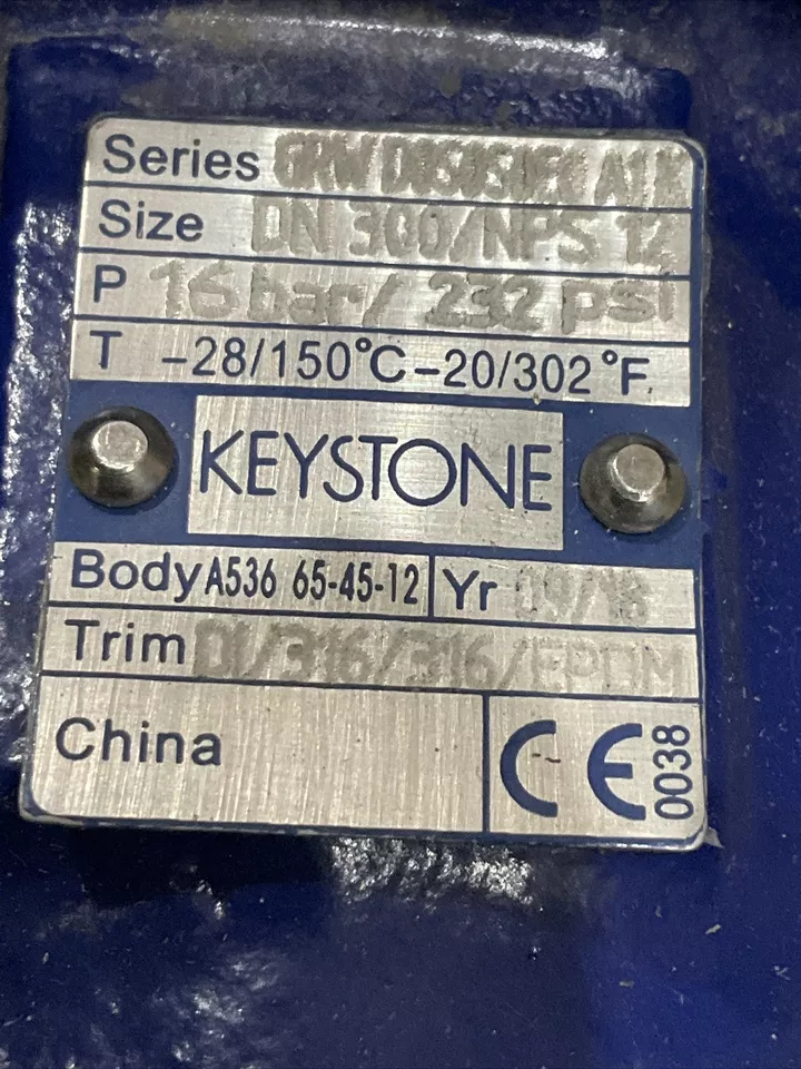 KEYSTONE DN300/NPS 12" BUTTERFLY VALVE ASSEMBLY 16 BAR 232 PSI D1/316/316/EPDM