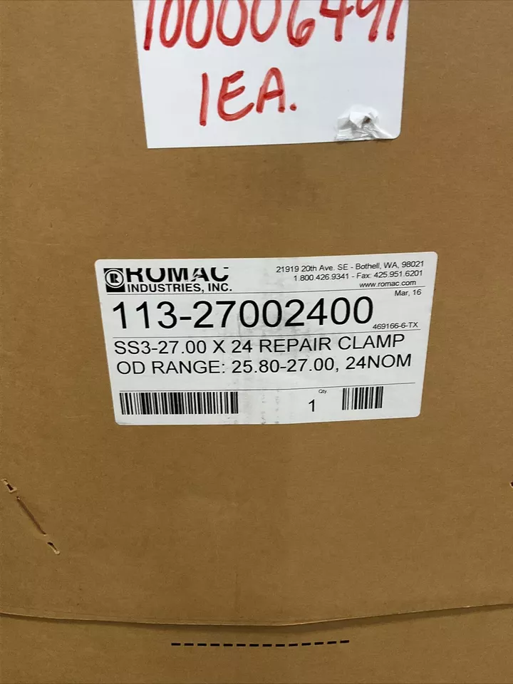ROMAC 113-27002400 PIPE REPAIR CLAMP SS3-27.00 X 24 OD 25.80-27.00 24 NOM 373