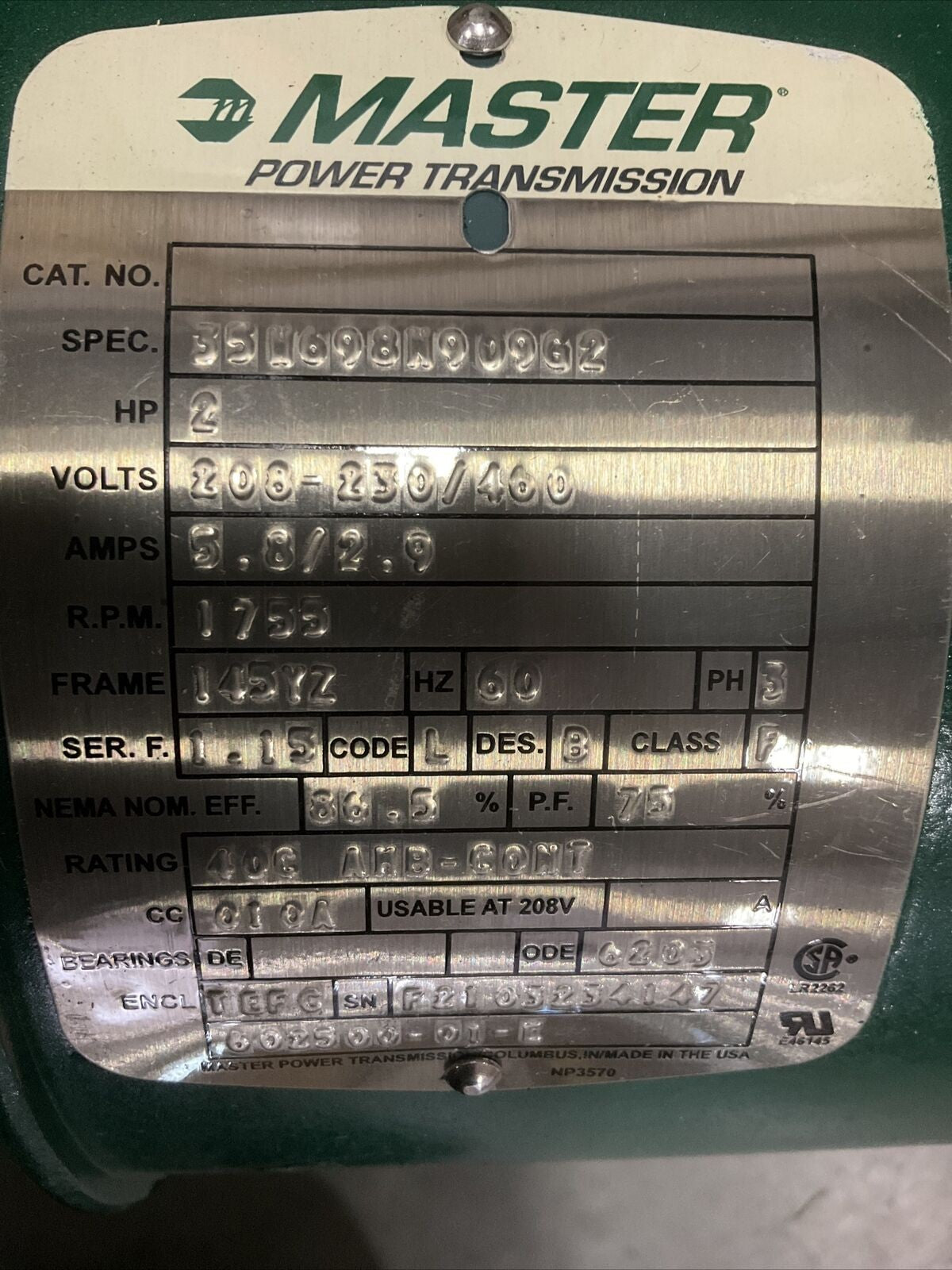 MASTER 6X91584 8021694001UA POWER TRANSMISSION 2HP 230/460V 1755RPM 373