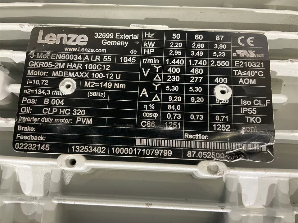 LENZE EN60034 GKR05-2M HAR 100C12 MDEMAXX 100-12 U GEARBOX MOTOR U3S