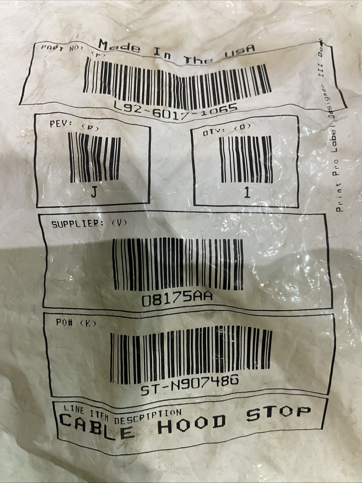 PERTERBILT L92-6017-1065 HOOD - STOP RESTRAINT CABLE Y2M