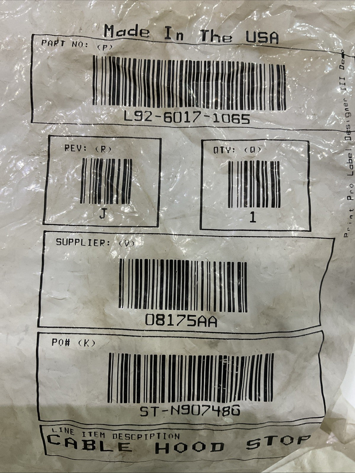 PERTERBILT L92-6017-1065 HOOD - STOP RESTRAINT CABLE Y2M