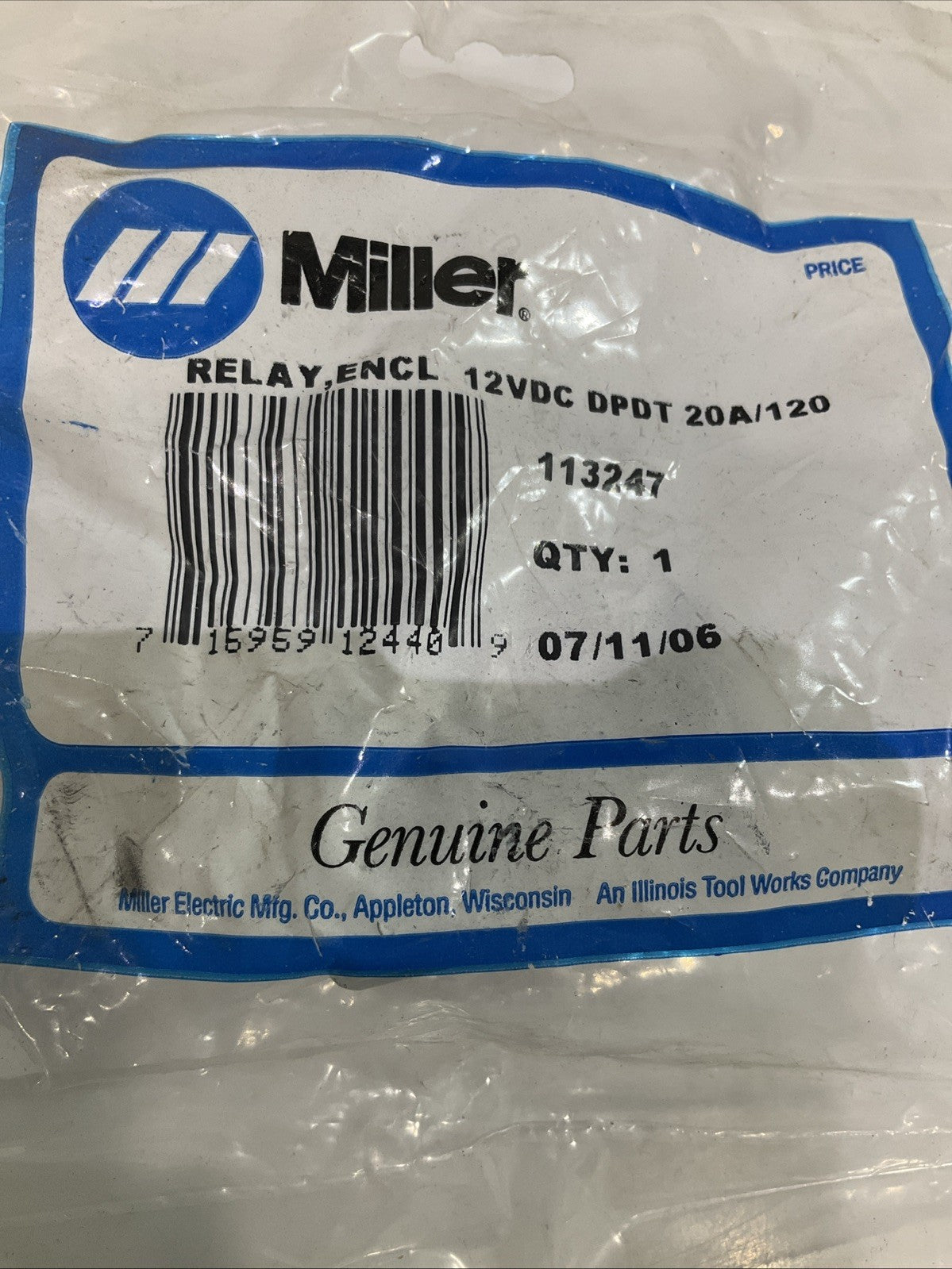 MILLER 113247 POWER RELAY ENCL 12VDC DPDT 20A/120 8PIN FLANGE Y2M