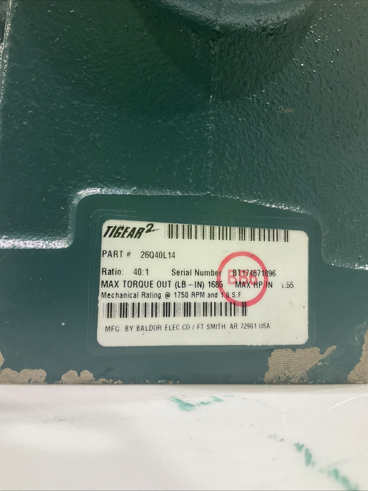 DODGE-BALDOR 26Q40L14 RIGHT ANGLE GEAR SPEED REDUCER QUILL INPUT SERIAL BT174671