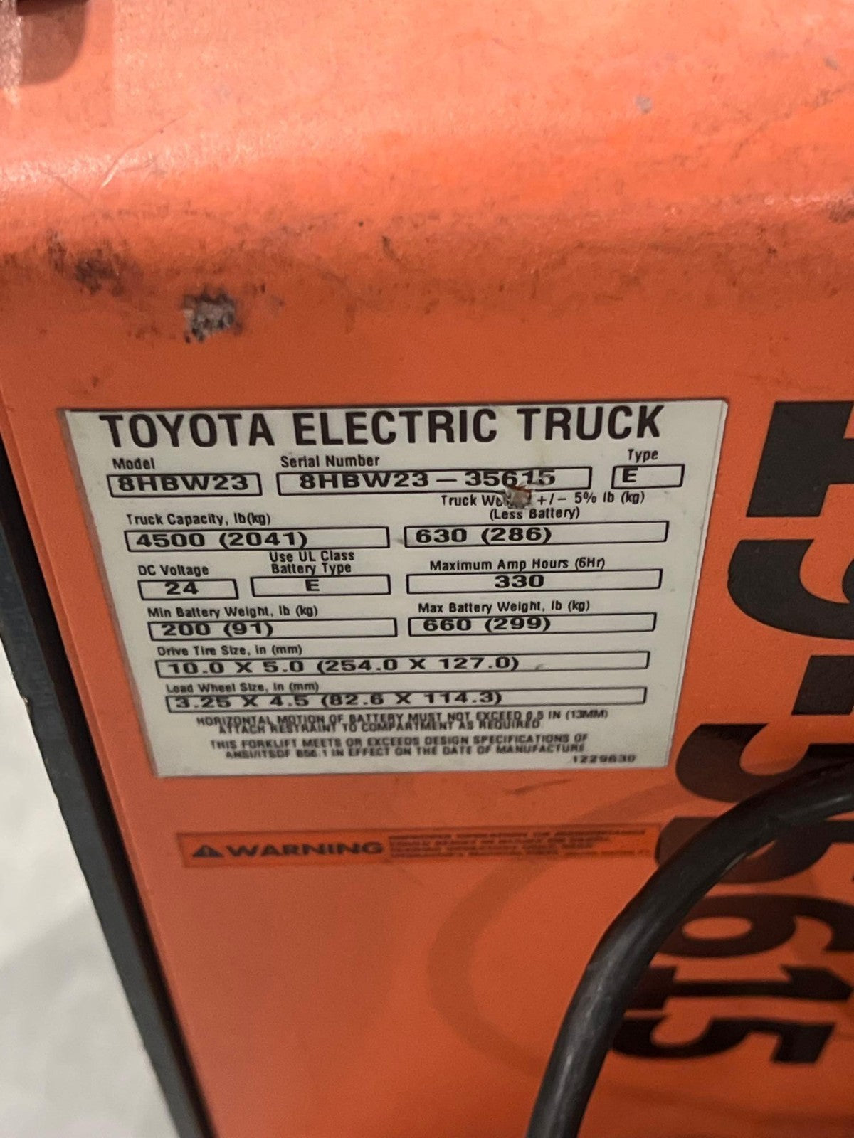 2019 TOYOTA PALLET JACK MODEL 8HBW23, ELECTRIC, 24V, MAX CAPACITY 4500LBS, RUNS