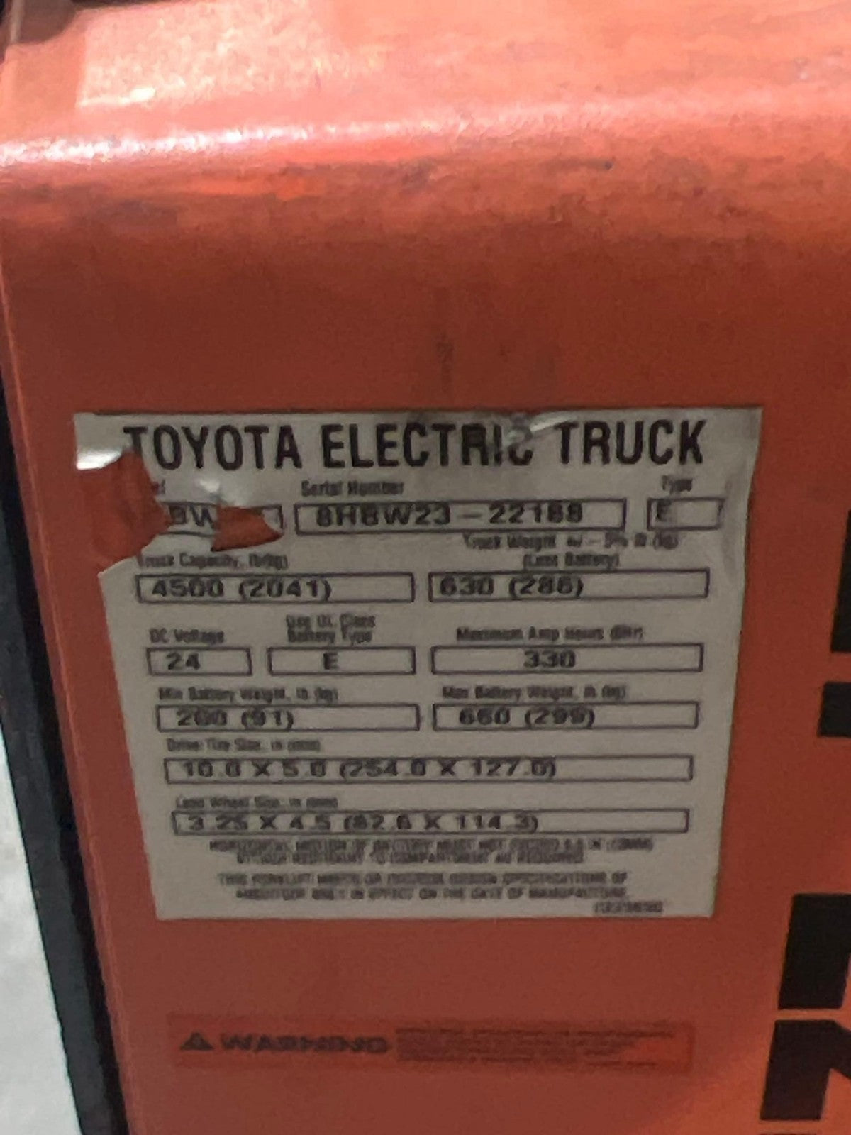 2017 TOYOTA PALLET JACK MODEL 8HBW23, ELECTRIC, 24V, MAX CAPACITY 4500LBS, LOW H