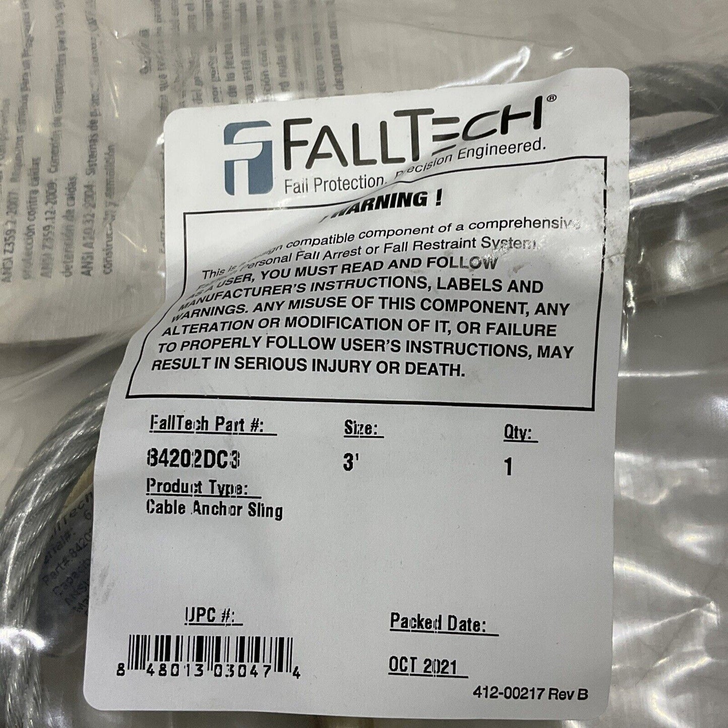 FALLTECH 84202DC3 3’ CABLE CARABINER SLIING ANCHOR COATED 373