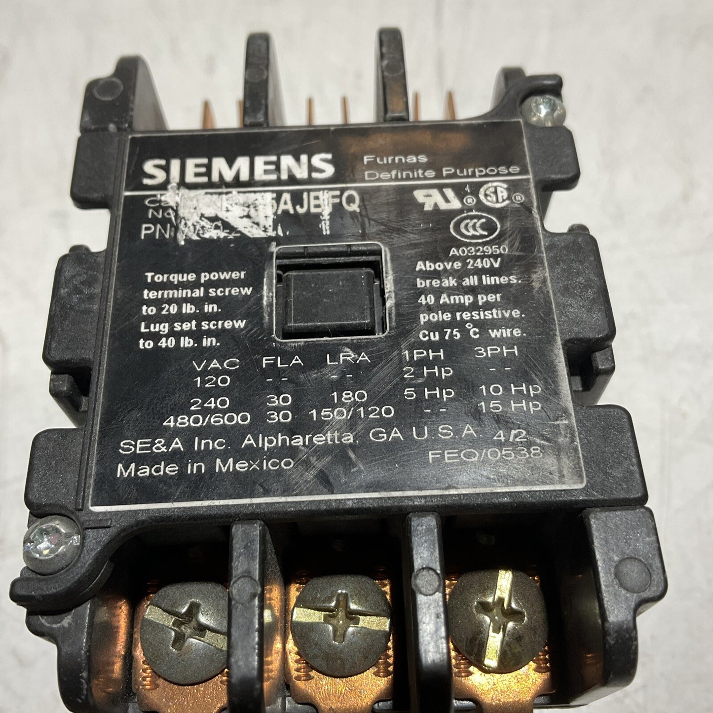 SIEMENS 42BF35AJBFQ ELECTROMECHANICAL CONTACTORS 3 POLE 30A 24V 50/60HZ 476-U3S
