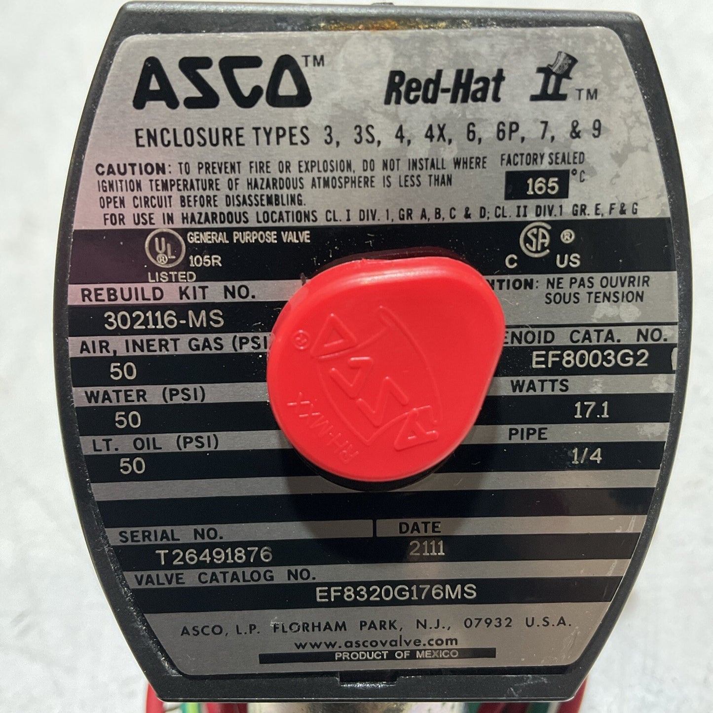 ASCO-RED-HAT EF8320G176MS- EF8003G2 SOLENOID VALVE 120/60 110/50 17.1W 1/4IN 678