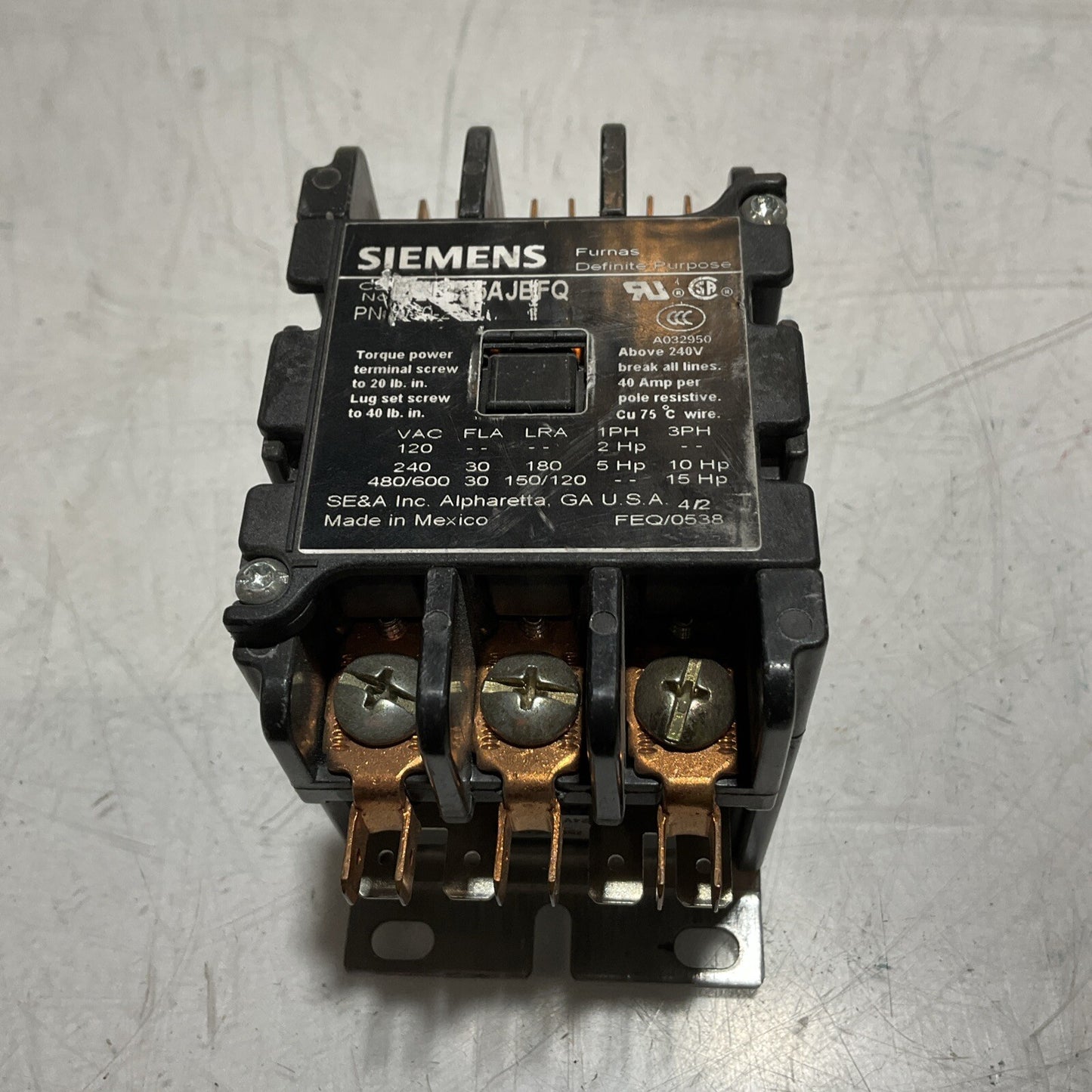 SIEMENS 42BF35AJBFQ ELECTROMECHANICAL CONTACTORS 3 POLE 30A 24V 50/60HZ 476-U3S