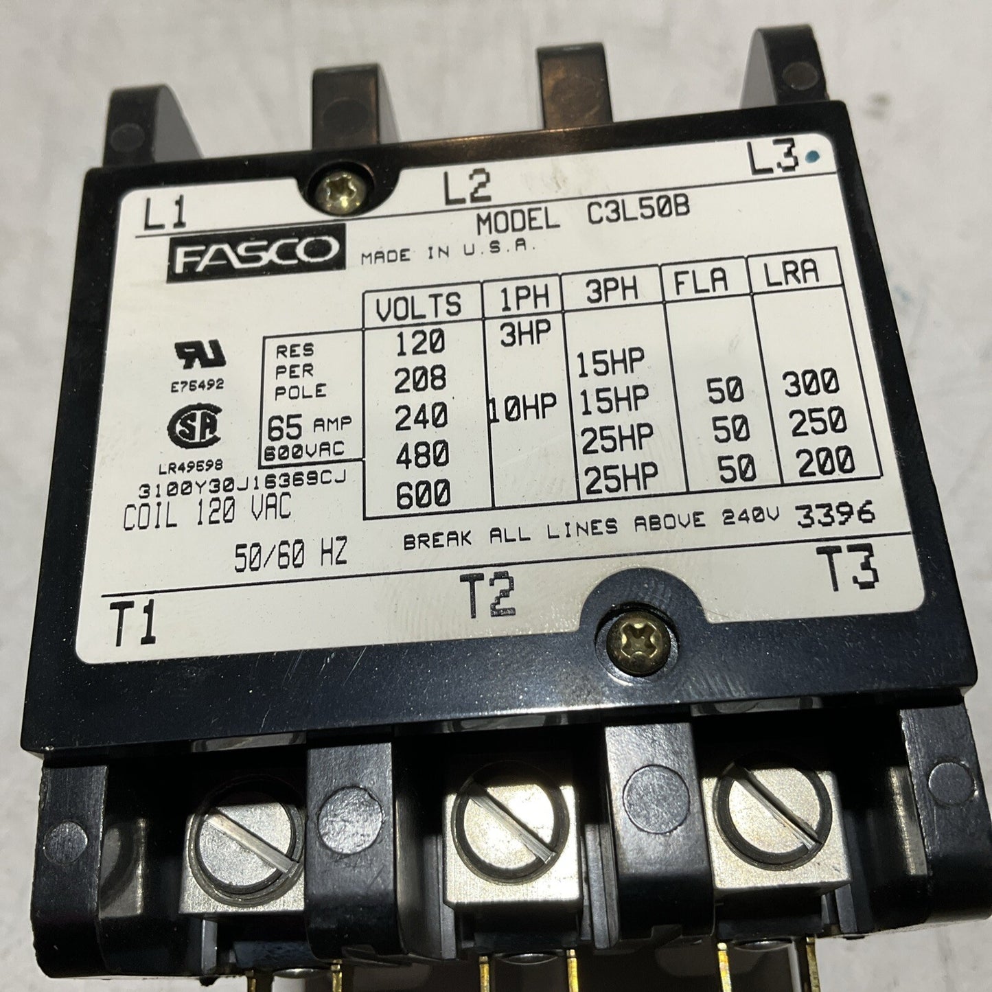 FASCO C3L50B MAGNETIC CONTACTOR KEMP 21037 600VAC 65A 555-U3S