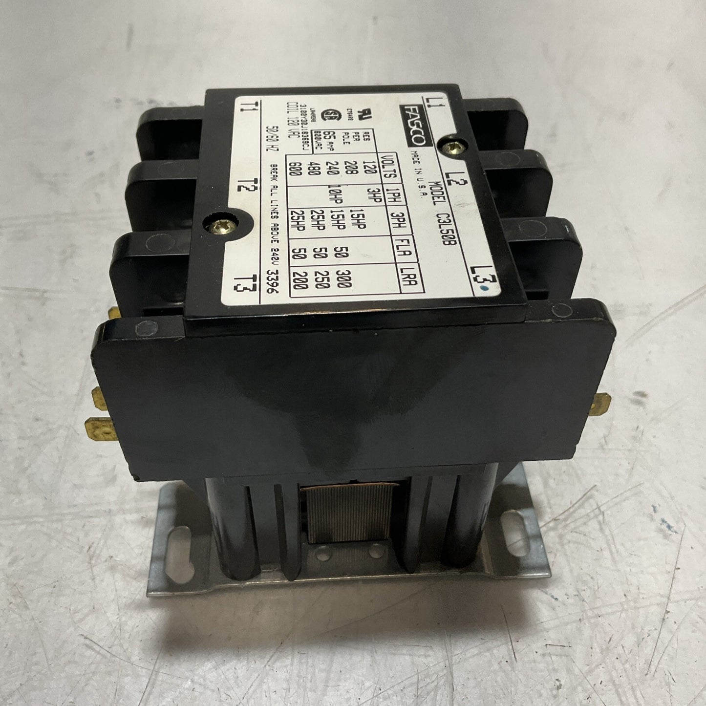 FASCO C3L50B MAGNETIC CONTACTOR KEMP 21037 600VAC 65A 555-U3S