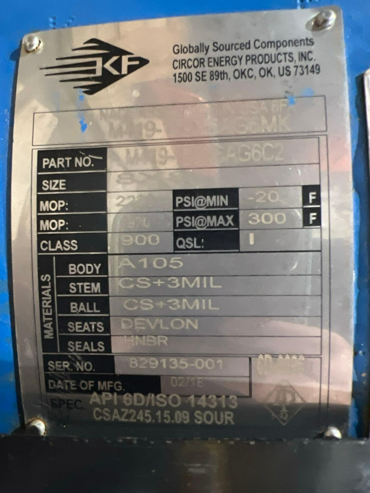 KF IND TRUNION BALL VALVE MODEL M419-199N6AGC2;SERIES M3; CLASS 900; 8 IN V2M
