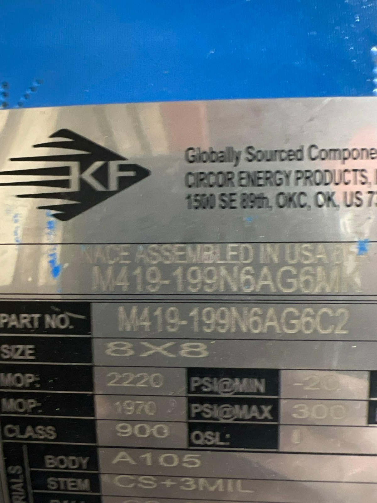 KF IND TRUNION BALL VALVE MODEL M419-199N6AGC2;SERIES M3; CLASS 900; 8 IN V2M