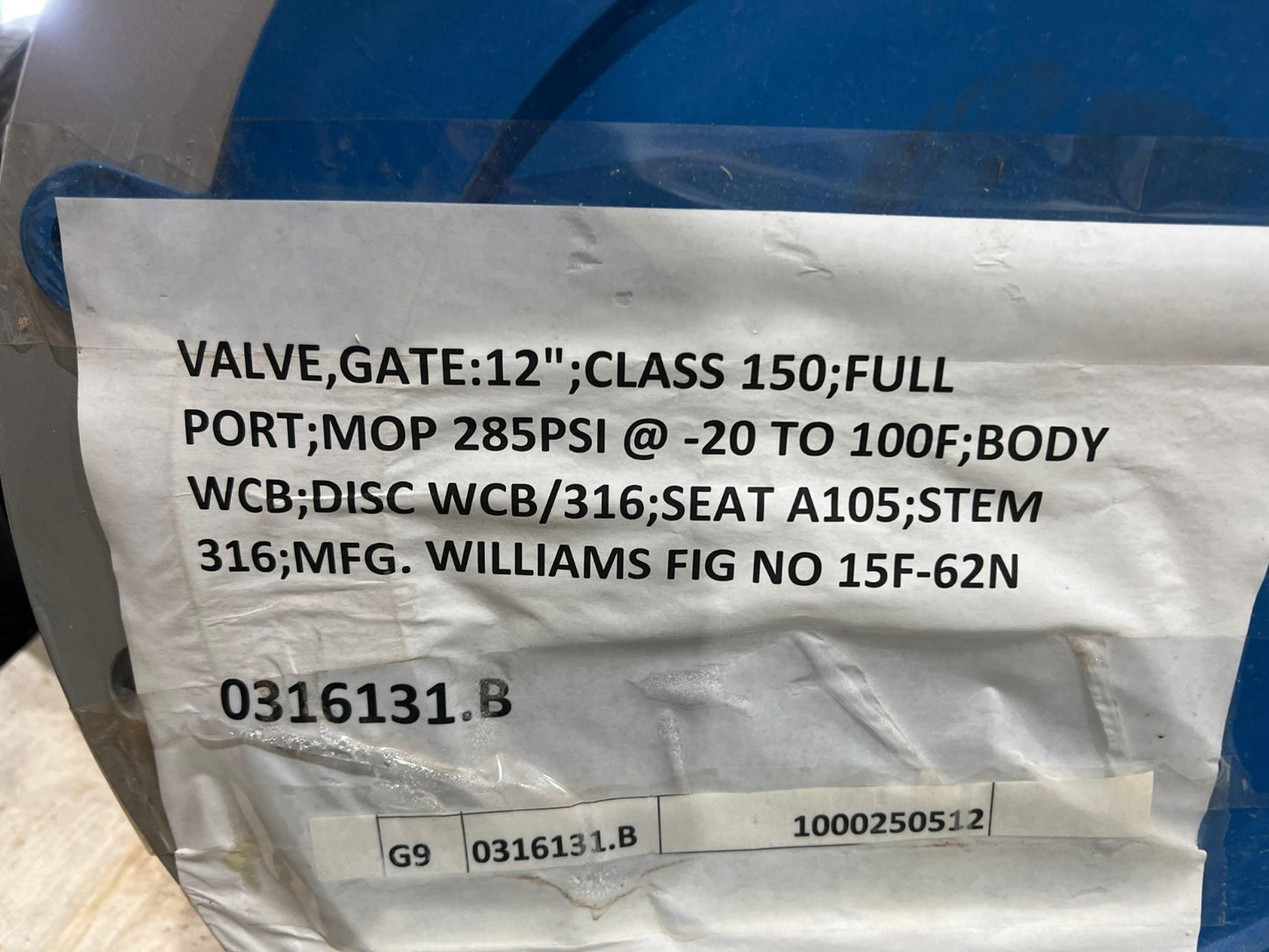 WILLIAMS GATE VALVE 15F-62N CLASS 150 12 IN APPROX MOP 285PSI @ -20 TO 100F V2M