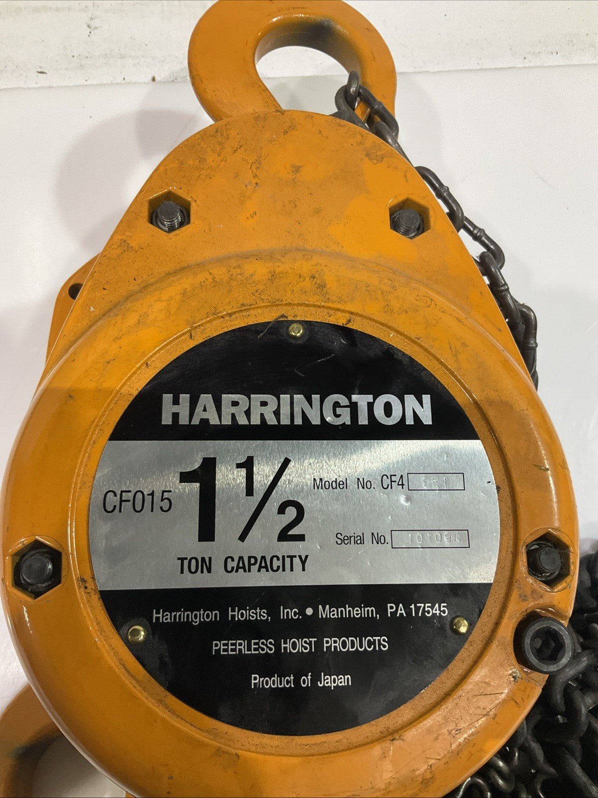 HARRINGTON CF4 CF015 HAND CHAIN HOIST 1- 1/2 TON CAPACITY SERIAL#/101090 Y2M