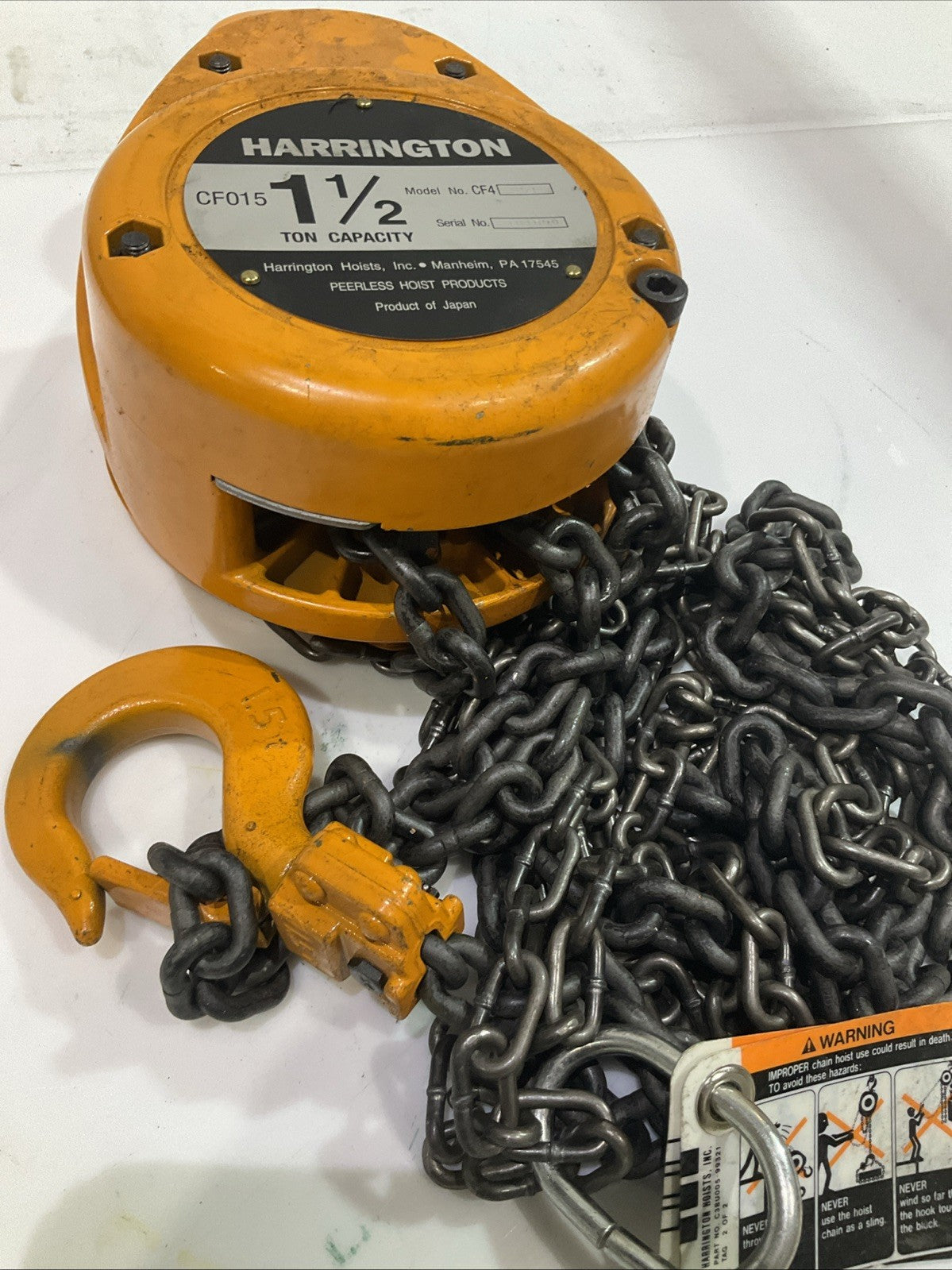 HARRINGTON CF4 CF015 HAND CHAIN HOIST 1- 1/2 TON CAPACITY SERIAL#/101090 Y2M