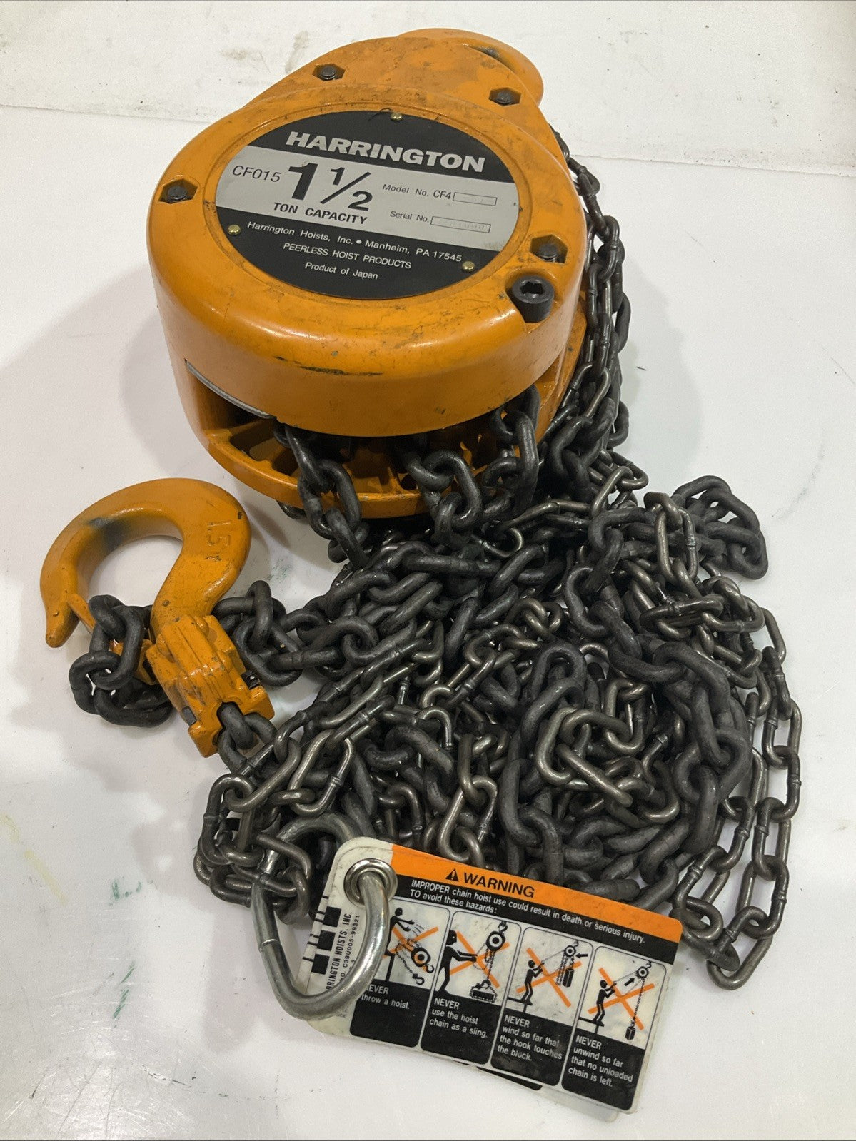 HARRINGTON CF4 CF015 HAND CHAIN HOIST 1- 1/2 TON CAPACITY SERIAL#/101090 Y2M
