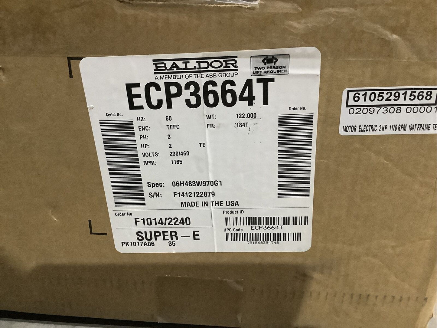 BALDOR ECP3664T 3 PHASE SEVERE DUTY MOTOR 2HP 3PH 60HZ 230/460V 1165RPM 373
